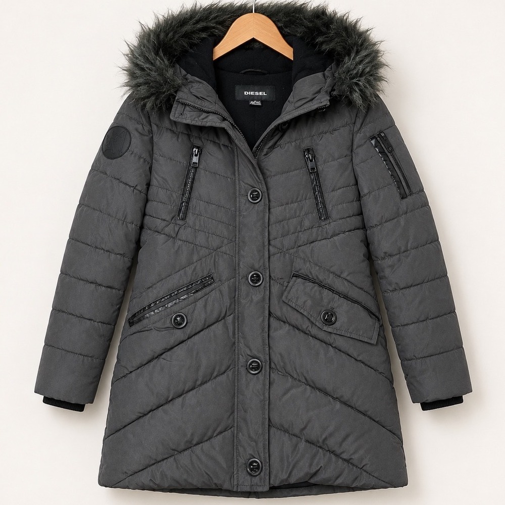 Diesel Girls 6 Olive Puffer Parka Faux Fur Hood Long Winter Coat Outdoors Ski